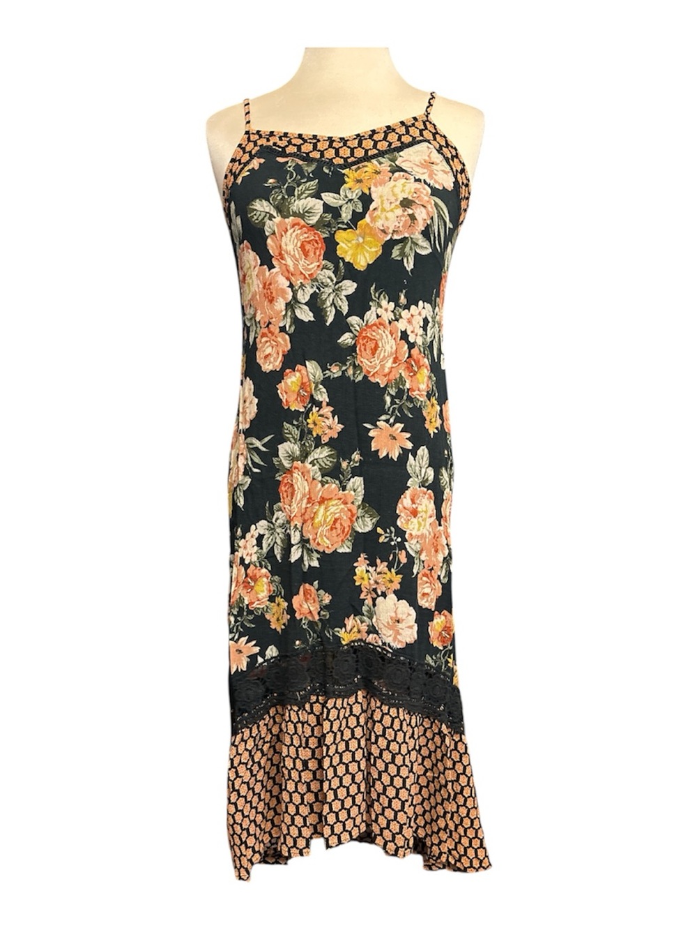 Xhilaration Black Floral Slip Dress with Peach & Yellow Blooms adj straps Sz Med
